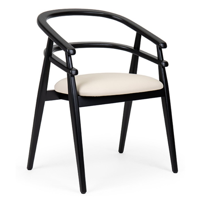 Front view of a Hullahoop armchair. Black wood frame with upholstered seat in a cream color.