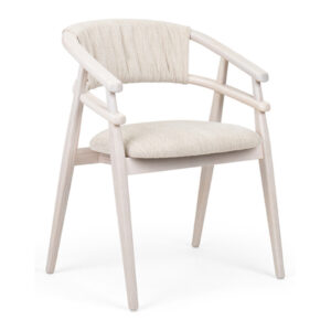 Front view of a Hullahoop EST Armchair featuring a light wood frame and upholstered seat and back in a neutral fabric.
