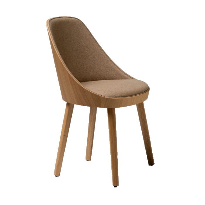Angled view of the Kaiak side chair. Wooden frame, upholstered seat and inner back in light brown fabric.