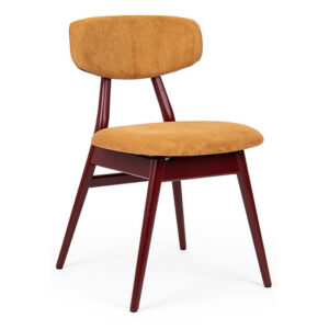 Front view of a Malin side chair. Wood frame with upholstered seat and back in gold corduroy fabric.