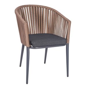 Woven Marbella Armchair with dark grey upholstered seat cushion and metal frame. Suitable for outdoor use.