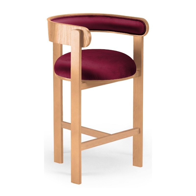 Moulin barstool with a light wood frame and burgundy upholstered seat and back.