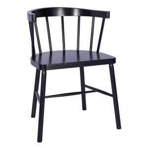 Front view of a black Skipper armchair. The chair has a wooden frame, seat, and back.