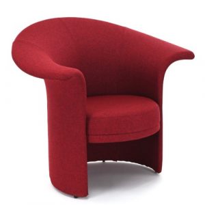 Front view of a red upholstered Tulipan Armchair with a rounded back and seat.