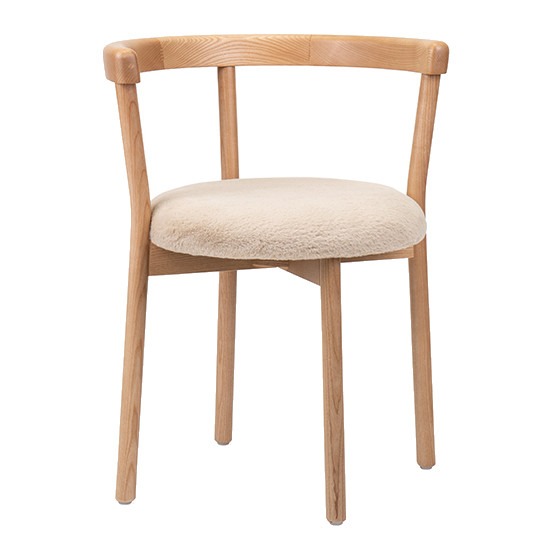 Front view of the Twist side chair, featuring a light wood frame and an upholstered seat in a cream fabric.