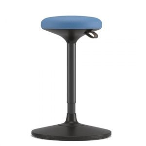 Front view of a Sway pivot stool. Black base, tilting column, and blue upholstered seat. Height adjustable with gas lift.
