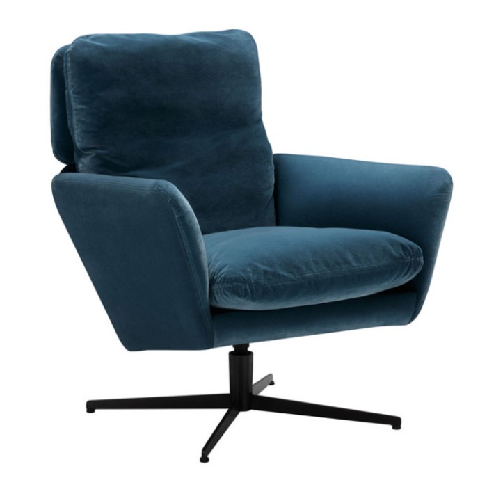 Upholstered Amy Armchair in blue, featuring a metal 4-star swivel base.
