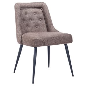 Upholstered button side chair with black metal legs. The seat and back are a textured brown fabric with button accents.
