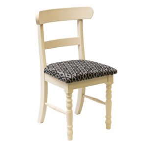 Front view of a Country dining chair with a light-colored wooden frame and a patterned upholstered seat.