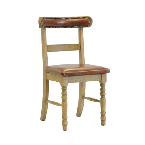 Front view of a Country U Dining Chair. Light wood frame with brown upholstered seat and backrest. Turned legs.