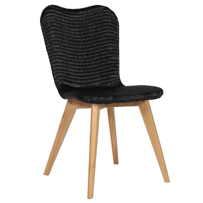Woven black Lily dining chair with a wooden oak base and aluminium seat frame.