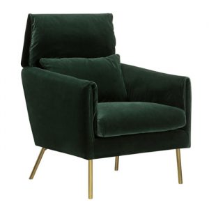 Upholstered Penny Lounge Chair in dark green velvet with gold metal legs and adjustable headrest.