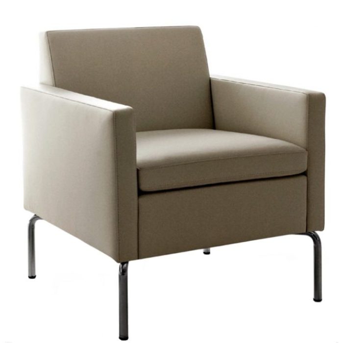 Upholstered Socrate armchair in light brown fabric with a metal frame. The seat and back are padded for comfort.