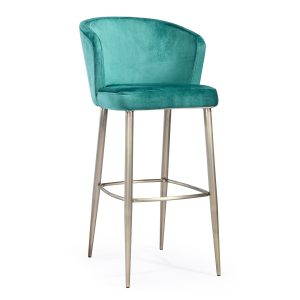 Sofia barstool, front view. Upholstered in teal fabric with a brushed steel metal frame and footrest.