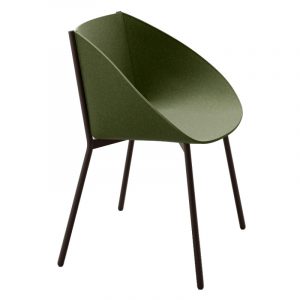 Angled view of a green felt Taco side chair with a dark metal frame.