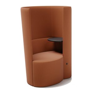 Upholstered Twirl armchair in rust color with a built-in desk. Beech wood frame. Sleek and stylish office furniture.