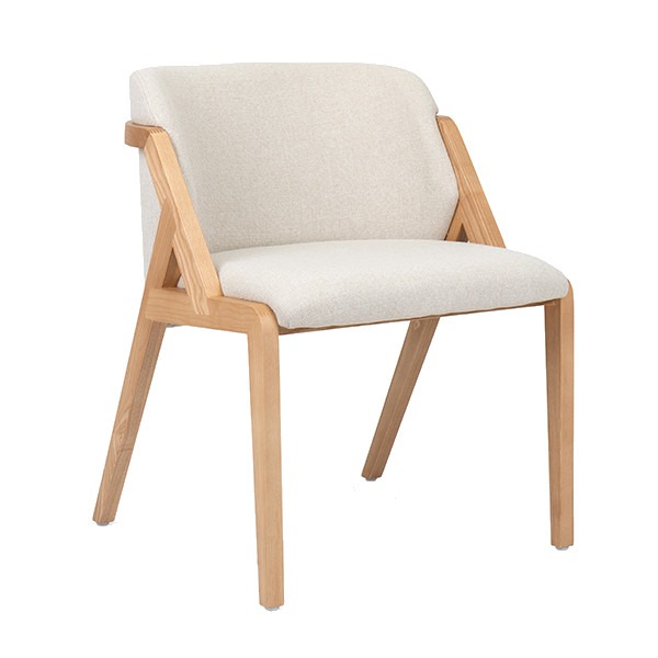 Front view of the Zazen armchair. Wood frame with upholstered seat and back in light cream fabric.