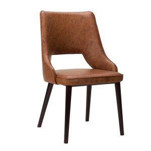 Upholstered Bold Side Chair in brown faux leather with dark wood legs.