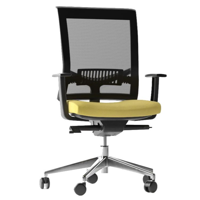 Front view of an Eva II desk chair. It features a black mesh back, yellow upholstered seat, and a silver metal frame with casters.