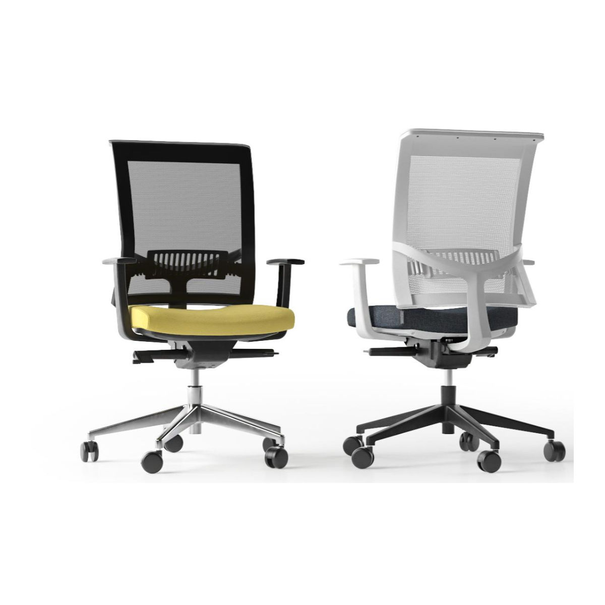 Two Eva II desk chairs. One with black mesh back and yellow seat, the other with white back and dark gray seat.