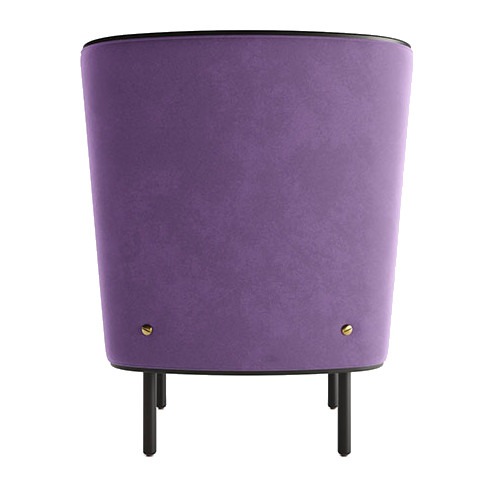 Back view of a purple upholstered Hugs Lounge Chair with a wooden frame and black legs.