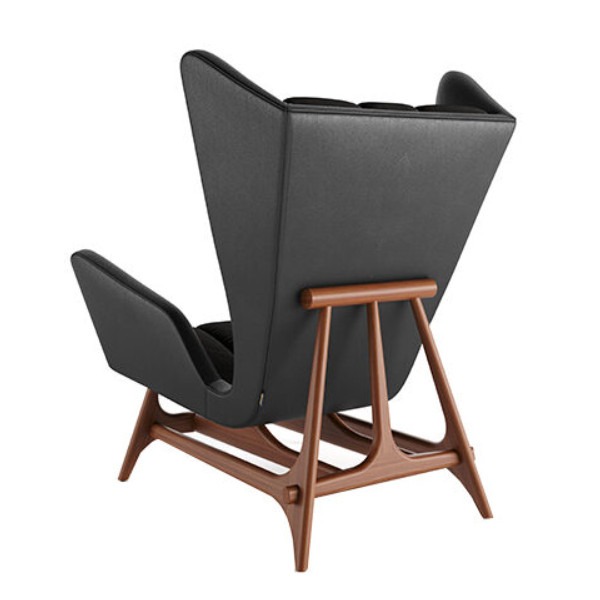 Back view of a black upholstered Jackob lounge chair with a wooden frame.