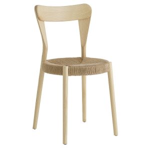 Front view of a light wood Pagaia side chair with a woven chord seat.