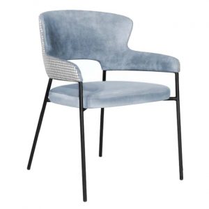 Angled view of a blue Sidney armchair. Upholstered seat and back with a metal frame and patterned back detail. Stackable chair.