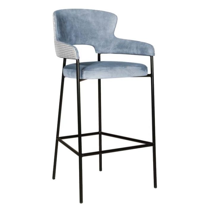 Upholstered Sidney barstool in light blue with a black metal frame. Houndstooth pattern on the back.