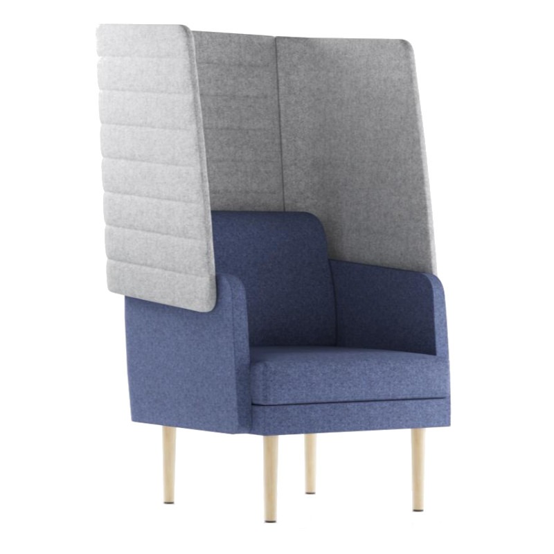 Upholstered Arcipelago high back lounge chair in blue with a gray high back and light wood legs.