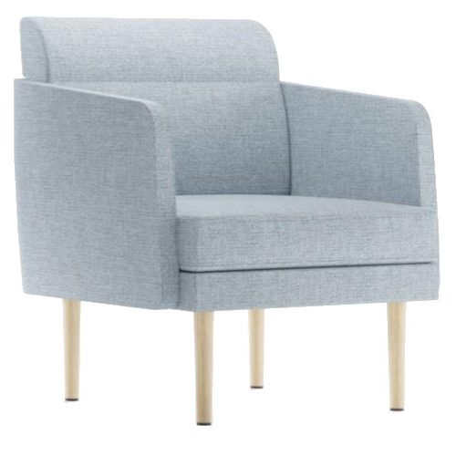 Upholstered Arcipelago lounge chair in light blue fabric with a metal frame and light wood legs.
