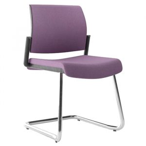 Side view of the Aura cantilever chair. Purple upholstered seat and back with a metal frame. Stackable side chair.