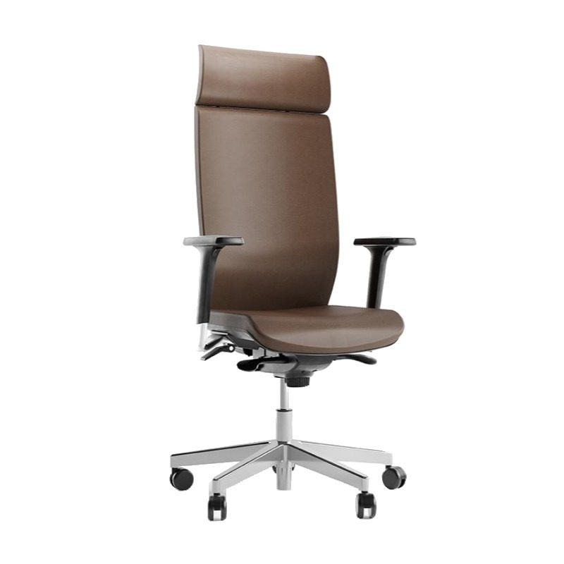 Angled view of a brown Aura executive desk chair. It has a metal frame, 5-star base on castors, and upholstered seat and back.
