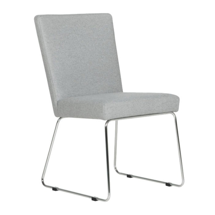 Angled view of a gray Clark Side Chair with metal frame and upholstered seat and back.