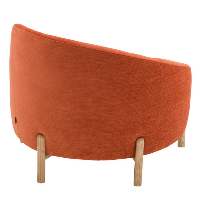 Rear view of the orange Euforia air lounge chair. The chair has a wooden frame and upholstered seat and back.