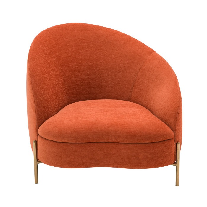 Front view of an orange Euforia air lounge chair with a rounded back and seat, and gold metal legs.