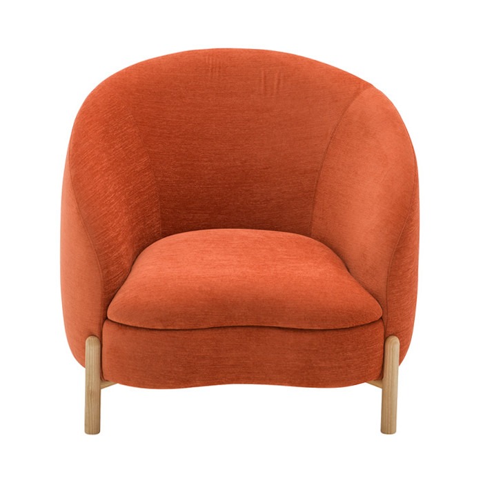 Front view of the orange upholstered Euforia air lounge chair with a wooden frame.