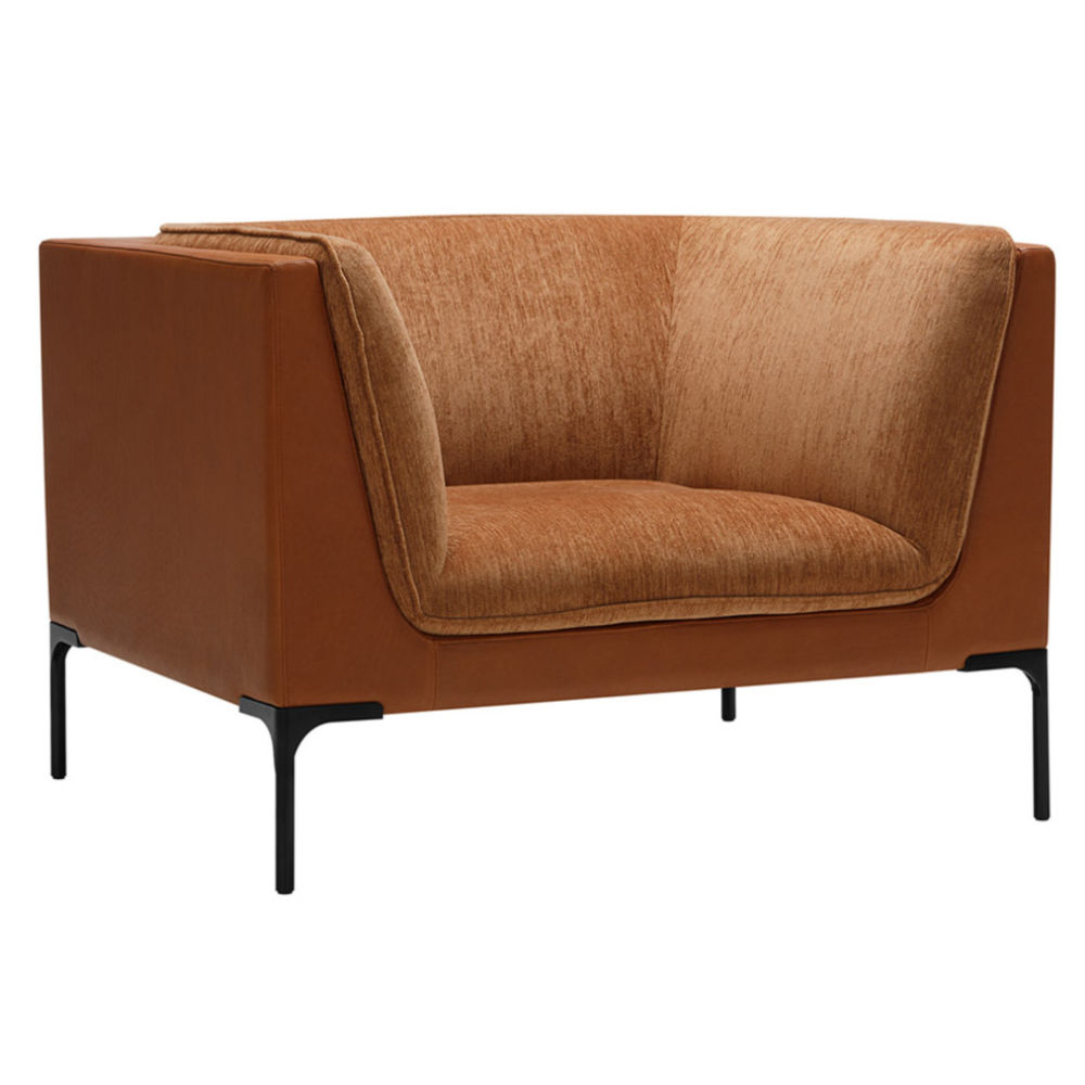 Upholstered Frej lounge chair in brown with metal frame. Office lounge furniture, front view.