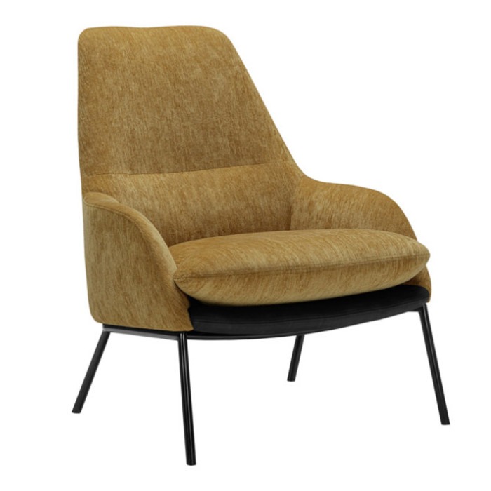 Angled view of the Holly lounge chair. Upholstered in gold fabric with a black metal frame.