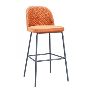 Upholstered Joy barstool in orange fabric with a quilted back and black metal frame, at a slight angle on a white background.
