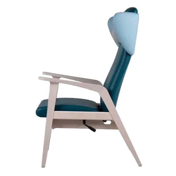 Side view of the Kyara lounge chair. It features a light wood frame, teal upholstery, and a light blue headrest.