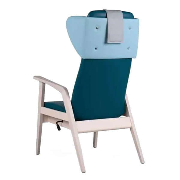 Back view of a Kyara lounge chair. It has a wooden frame, upholstered seat and back in blue and light blue.