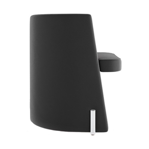 Side view of a black upholstered Lou Lounge Chair with a wooden frame and a silver leg.