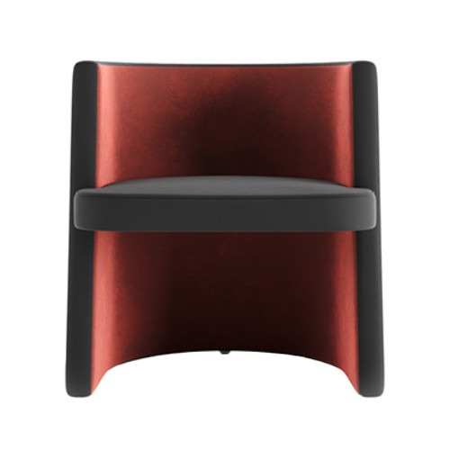 Front view of the Lou Lounge Chair. Upholstered in red fabric with a black seat.