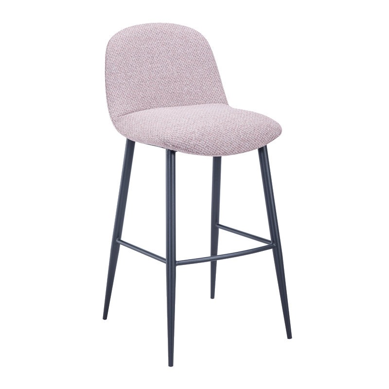Front view of a Maxi barstool. It has a black metal frame and a light pink upholstered seat and back.