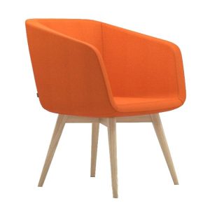 Upholstered orange Meg Armchair with wooden legs.