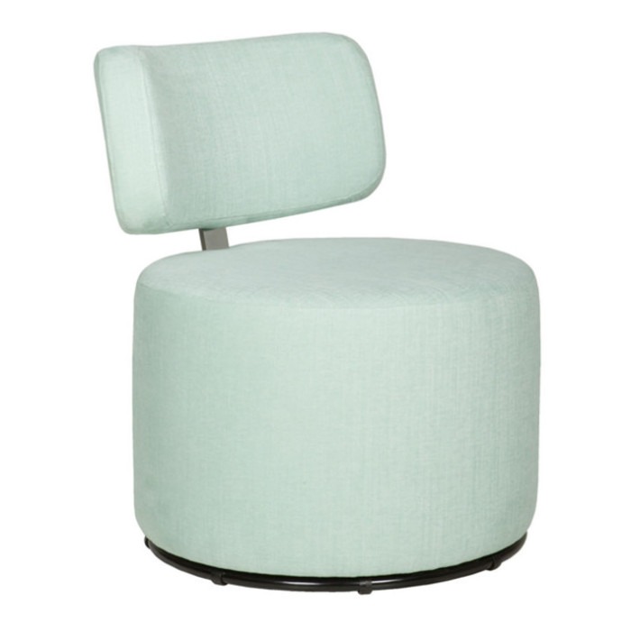 Upholstered Mokka pouff in light green fabric. This ottoman has a metal frame and a backrest. Swivel option available.