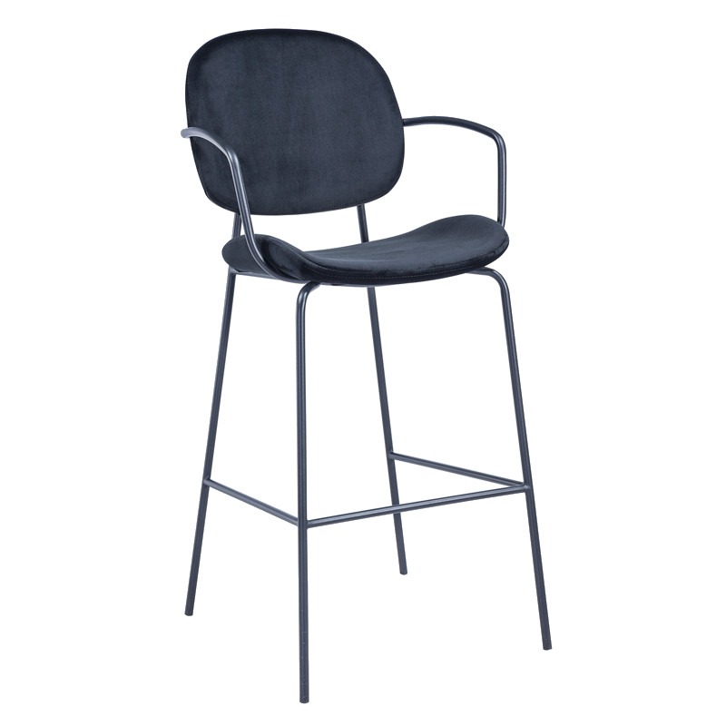 Upholstered Poppy barstool in black. Metal frame, curved seat and back with armrests. Contemporary style.