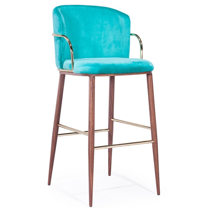 Upholstered Rio barstool, front view. Wood frame with gold metal arm and foot rest. Seat and back in turquoise fabric.