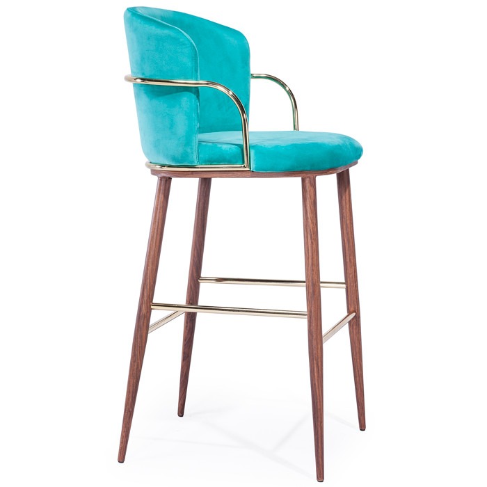 Side view of the Rio barstool. It has a turquoise upholstered seat and back, gold armrests, and wooden legs with a gold footrest.